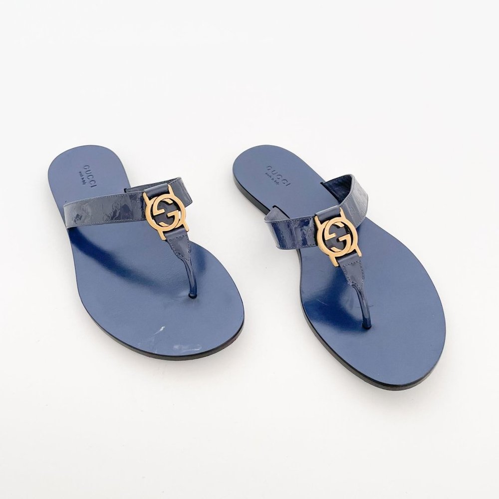 Gucci GG Thong Sandals Navy Blue EU 37.5 US 7.5 Flat Flip Flop Logo Interlocking